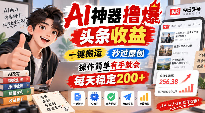 AI神器撸爆头条收益，一键搬运，秒过原创，操作简单有手就会，每天稳定200+【揭秘】瀚萌资源网-网赚网-网赚项目网-虚拟资源网-国学资源网-易学资源网-本站有全网最新网赚项目-易学课程资源-中医课程资源的在线下载网站！瀚萌资源网