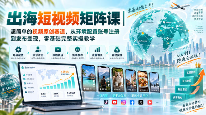 出海短视频矩阵课｜超简单的视频原创赛道，从环境配置账号注册到发布变现，零基础完整实操教学瀚萌资源网-网赚网-网赚项目网-虚拟资源网-国学资源网-易学资源网-本站有全网最新网赚项目-易学课程资源-中医课程资源的在线下载网站！瀚萌资源网