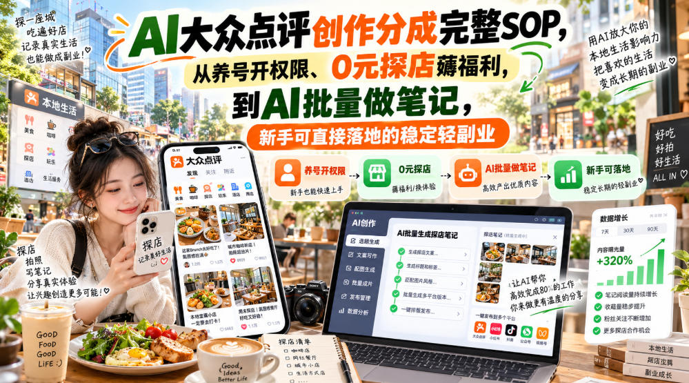 【无水印】AI大众点评创作分成完整SOP，从养号开权限、0元探店薅福利，到AI批量做笔记，新手可直接落地的稳定轻副业瀚萌资源网-网赚网-网赚项目网-虚拟资源网-国学资源网-易学资源网-本站有全网最新网赚项目-易学课程资源-中医课程资源的在线下载网站！瀚萌资源网
