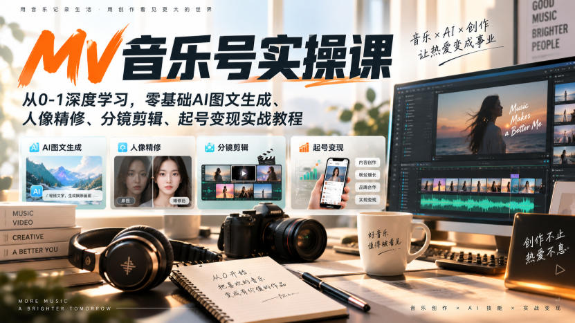 AI MV音乐号实操课，从0-1深度学习，零基础AI图文生成、人像精修、分镜剪辑、起号变现实战教程瀚萌资源网-网赚网-网赚项目网-虚拟资源网-国学资源网-易学资源网-本站有全网最新网赚项目-易学课程资源-中医课程资源的在线下载网站！瀚萌资源网