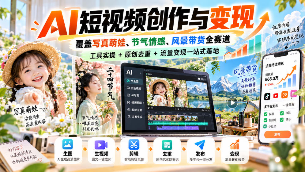 AI短视频创作与变现，覆盖写真萌娃、节气情感、风景带货全赛道，工具实操+原创去重+流量变现一站式落地瀚萌资源网-网赚网-网赚项目网-虚拟资源网-国学资源网-易学资源网-本站有全网最新网赚项目-易学课程资源-中医课程资源的在线下载网站！瀚萌资源网