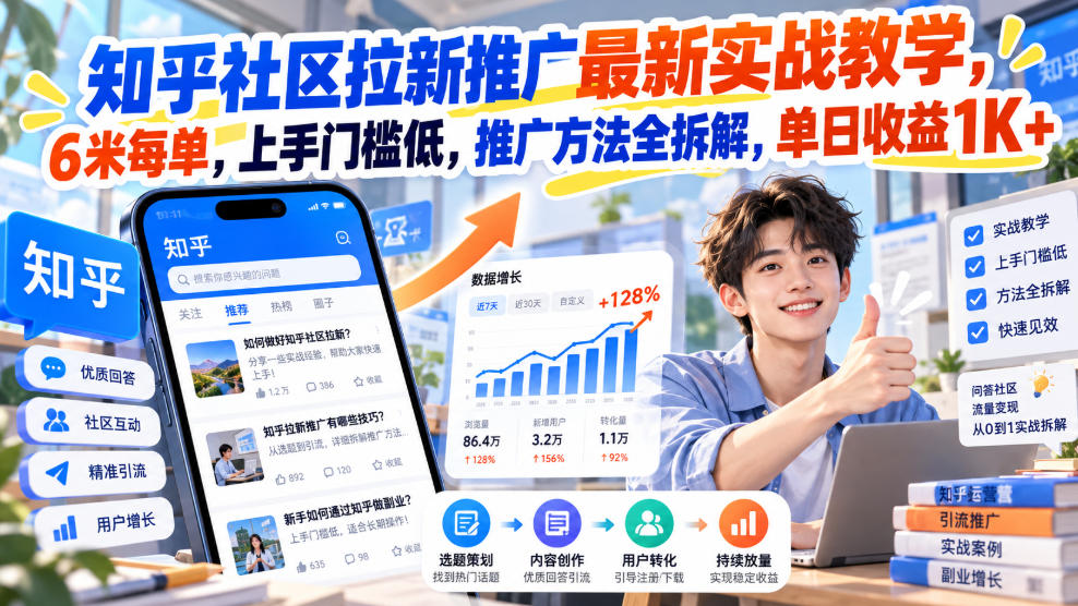 知乎社区拉新推广最新实战教学，6米每单，上手门槛低，推广方法全拆解，单日收益1K+！瀚萌资源网-网赚网-网赚项目网-虚拟资源网-国学资源网-易学资源网-本站有全网最新网赚项目-易学课程资源-中医课程资源的在线下载网站！瀚萌资源网