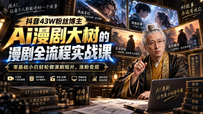 抖音43W粉丝博主Ai漫剧大树的漫剧制作全流程实战课，零基础小白轻松做漫剧短片，涨粉变现瀚萌资源网-网赚网-网赚项目网-虚拟资源网-国学资源网-易学资源网-本站有全网最新网赚项目-易学课程资源-中医课程资源的在线下载网站！瀚萌资源网