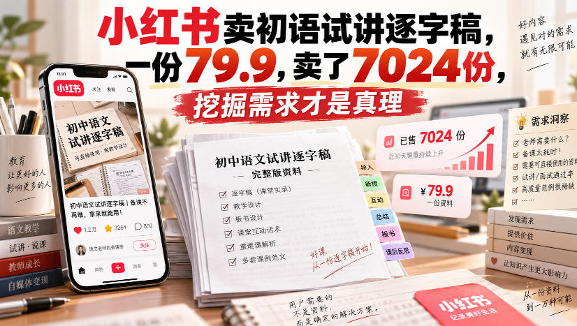 小红书卖初语试讲逐字稿，一份79.9，卖了7024份，挖掘需求才是真理瀚萌资源网-网赚网-网赚项目网-虚拟资源网-国学资源网-易学资源网-本站有全网最新网赚项目-易学课程资源-中医课程资源的在线下载网站！瀚萌资源网