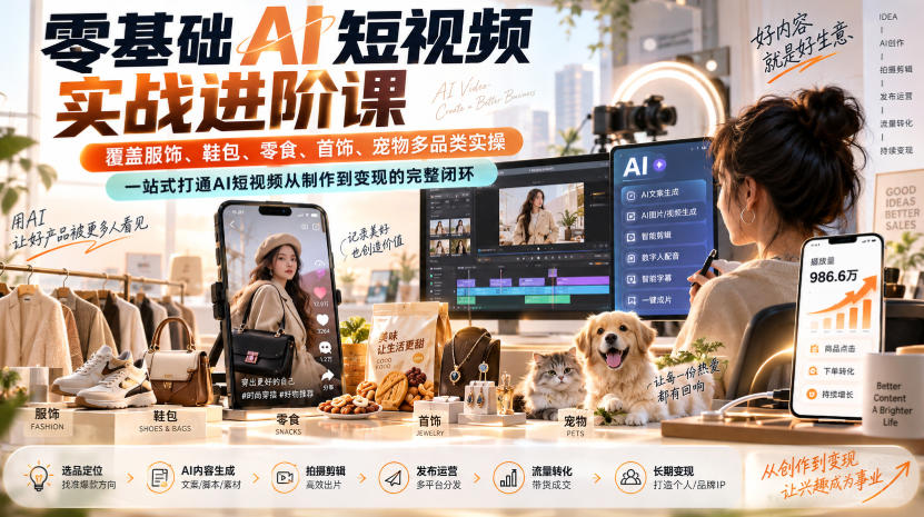 零基础AI短视频实战进阶课，覆盖服饰、鞋包、零食、首饰、宠物多品类实操，一站式打通AI短视频从制作到变现的完整闭环瀚萌资源网-网赚网-网赚项目网-虚拟资源网-国学资源网-易学资源网-本站有全网最新网赚项目-易学课程资源-中医课程资源的在线下载网站！瀚萌资源网