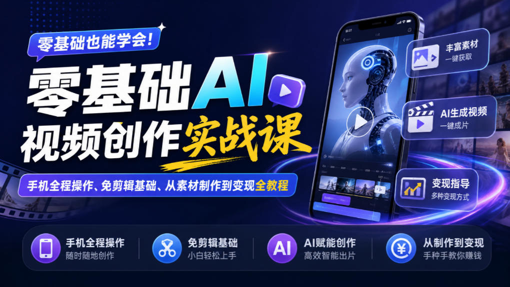 零基础AI视频创作实战课｜手机全程操作、免剪辑基础、从素材制作到变现全教程​瀚萌资源网-网赚网-网赚项目网-虚拟资源网-国学资源网-易学资源网-本站有全网最新网赚项目-易学课程资源-中医课程资源的在线下载网站！瀚萌资源网