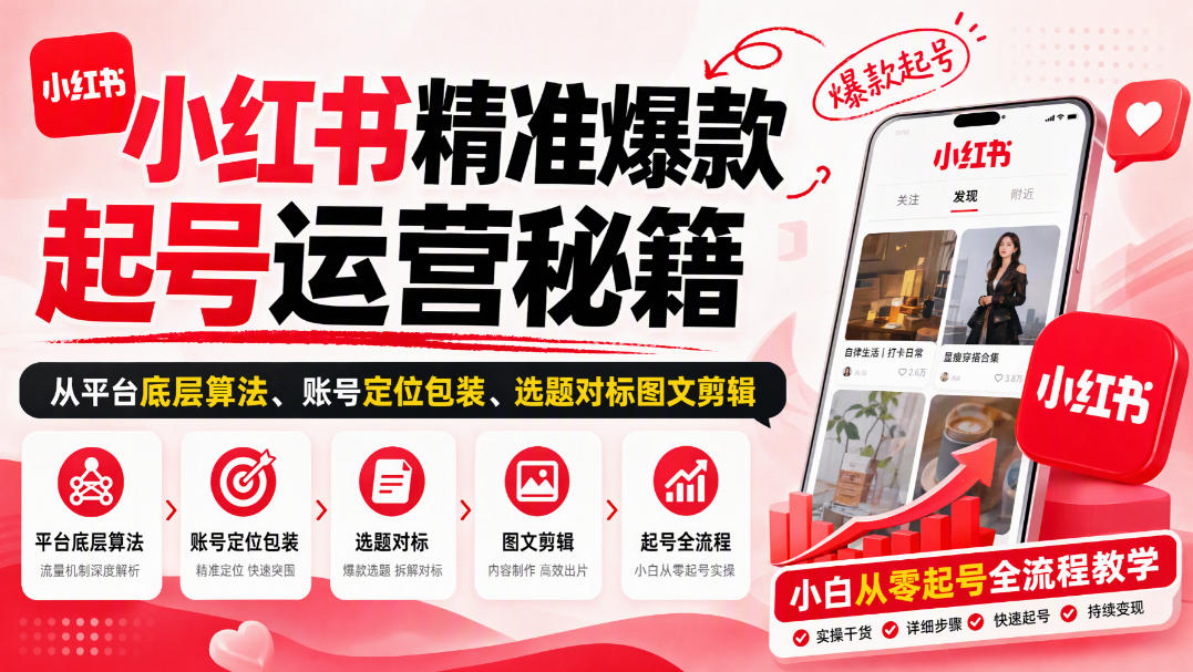 小红书精准爆款起号运营秘籍，从平台底层算法、账号定位包装、选题对标图文剪辑，小白从零起号全流程瀚萌资源网-网赚网-网赚项目网-虚拟资源网-国学资源网-易学资源网-本站有全网最新网赚项目-易学课程资源-中医课程资源的在线下载网站！瀚萌资源网