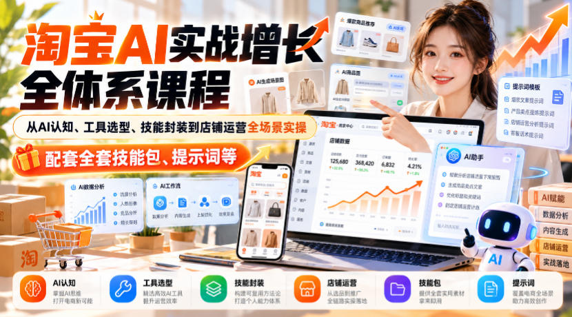 淘宝AI实战增长全体系课程，从AI认知、工具选型、技能封装到店铺运营全场景实操，配套全套技能包、提示词等瀚萌资源网-网赚网-网赚项目网-虚拟资源网-国学资源网-易学资源网-本站有全网最新网赚项目-易学课程资源-中医课程资源的在线下载网站！瀚萌资源网