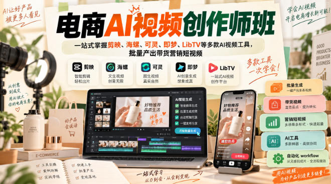 电商AI视频创作师班，一站式掌握剪映、海螺、可灵、即梦、LibTV等多款AI视频工具，批量产出带货营销短视频瀚萌资源网-网赚网-网赚项目网-虚拟资源网-国学资源网-易学资源网-本站有全网最新网赚项目-易学课程资源-中医课程资源的在线下载网站！瀚萌资源网
