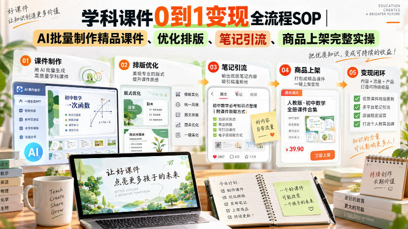 学科课件0到1变现全流程SOP｜AI批量制作精品课件、优化排版、笔记引流、商品上架完整实操​瀚萌资源网-网赚网-网赚项目网-虚拟资源网-国学资源网-易学资源网-本站有全网最新网赚项目-易学课程资源-中医课程资源的在线下载网站！瀚萌资源网