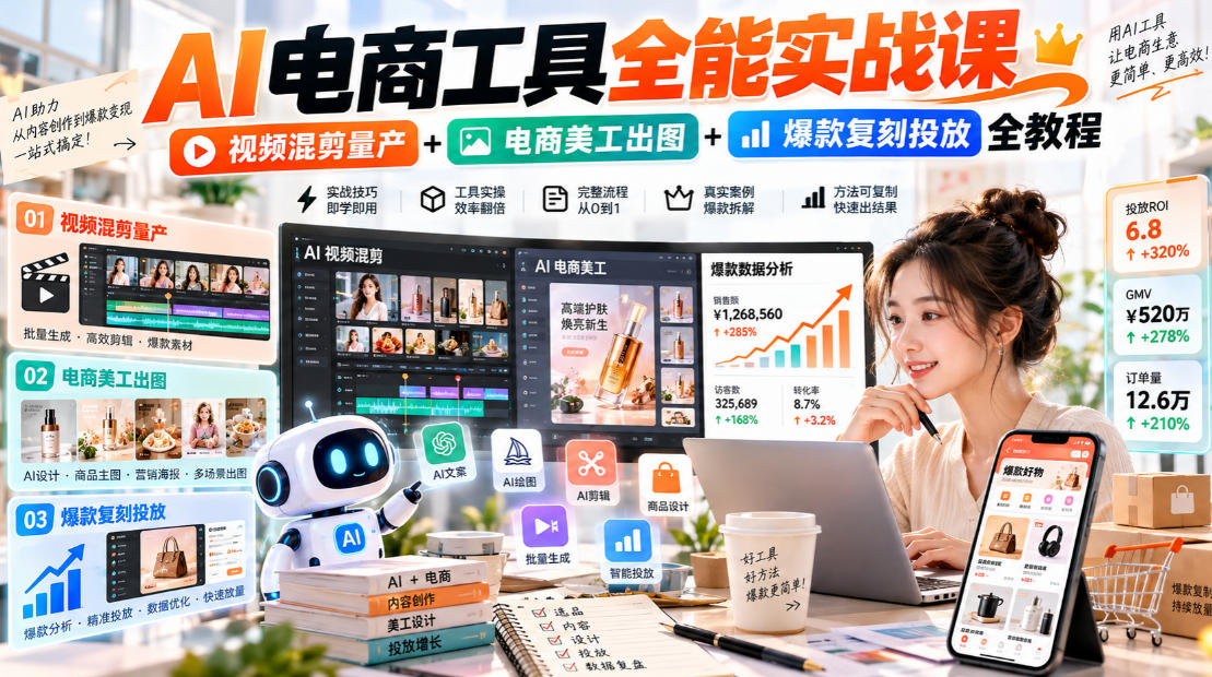 AI电商工具全能实战教学，视频混剪量产+电商美工出图+爆款复刻投放全教程​瀚萌资源网-网赚网-网赚项目网-虚拟资源网-国学资源网-易学资源网-本站有全网最新网赚项目-易学课程资源-中医课程资源的在线下载网站！瀚萌资源网