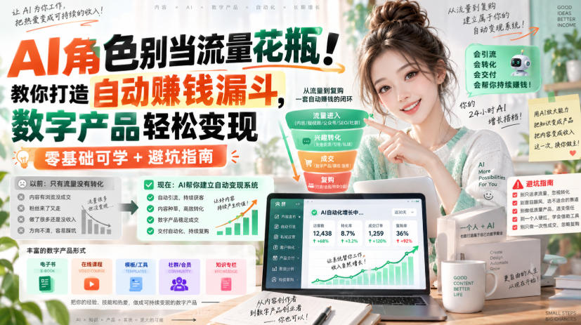 AI角色别当流量花瓶！教你打造自动賺钱漏斗，数字产品轻松变现（零基础可学+避坑指南）【原创双语字幕】瀚萌资源网-网赚网-网赚项目网-虚拟资源网-国学资源网-易学资源网-本站有全网最新网赚项目-易学课程资源-中医课程资源的在线下载网站！瀚萌资源网