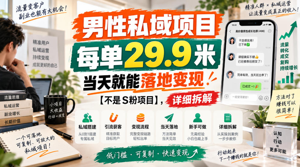 男性私域项目，每单29.9米，当天就能落地变现【不是S粉项目】，详细拆解瀚萌资源网-网赚网-网赚项目网-虚拟资源网-国学资源网-易学资源网-本站有全网最新网赚项目-易学课程资源-中医课程资源的在线下载网站！瀚萌资源网