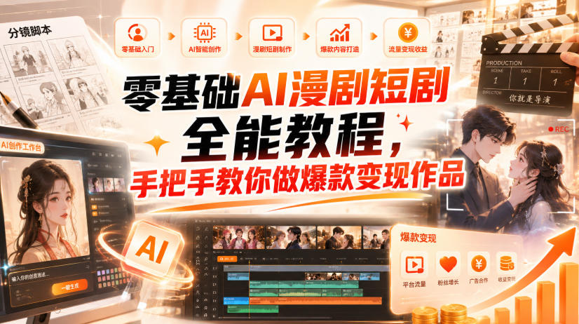 零基础AI漫剧短剧全能教程，从AI智能体搭建、文案脚本分镜、多平台AI生视频、剪映精修，覆盖全题材创作，手把手教你做爆款变现作品瀚萌资源网-网赚网-网赚项目网-虚拟资源网-国学资源网-易学资源网-本站有全网最新网赚项目-易学课程资源-中医课程资源的在线下载网站！瀚萌资源网