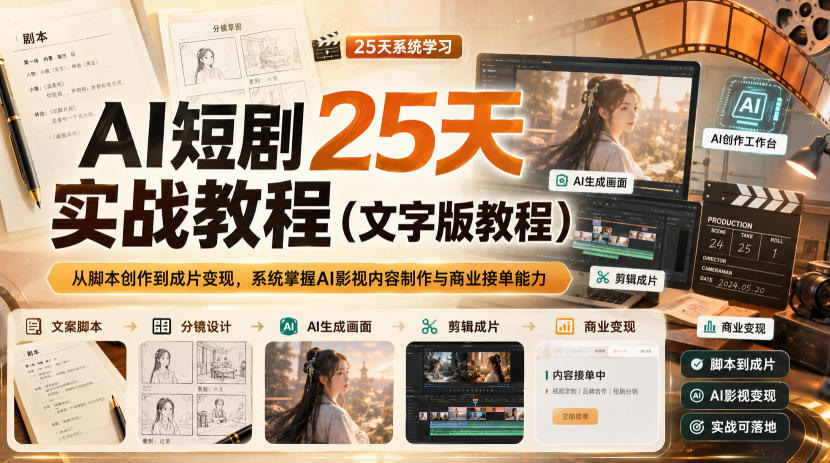 AI短剧25天实战教程（文字版教程），从脚本创作到成片变现，系统掌握AI影视内容制作与商业接单能力瀚萌资源网-网赚网-网赚项目网-虚拟资源网-国学资源网-易学资源网-本站有全网最新网赚项目-易学课程资源-中医课程资源的在线下载网站！瀚萌资源网