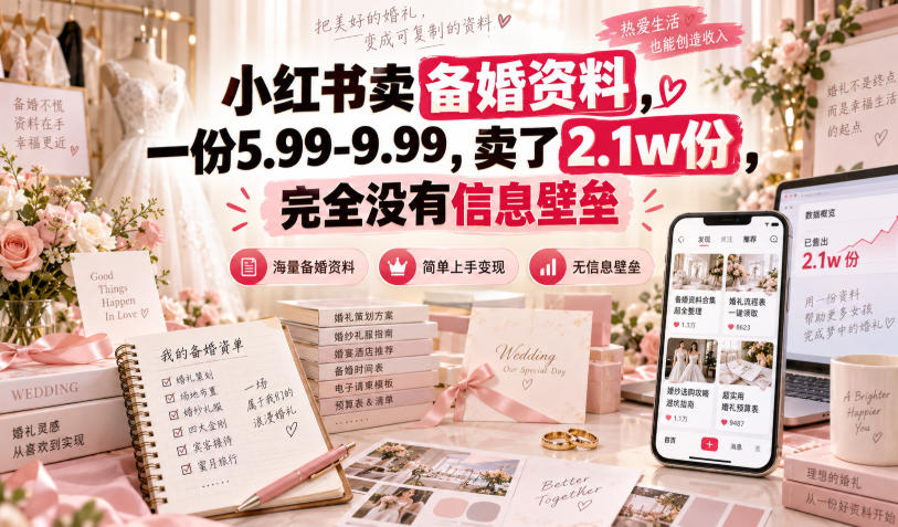 小红书卖备婚资料，一份5.99-9.99，卖了2.1w份，完全没有信息壁垒瀚萌资源网-网赚网-网赚项目网-虚拟资源网-国学资源网-易学资源网-本站有全网最新网赚项目-易学课程资源-中医课程资源的在线下载网站！瀚萌资源网