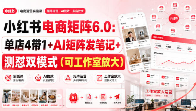 小红书电商矩阵6.0：单店4带1+AI矩阵发笔记+测怼双模式（可工作室放大）瀚萌资源网-网赚网-网赚项目网-虚拟资源网-国学资源网-易学资源网-本站有全网最新网赚项目-易学课程资源-中医课程资源的在线下载网站！瀚萌资源网