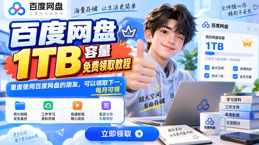 百度网盘1TB容量免费领取教程,重度使用百度网盘的朋友,可以领取下一,每月可领瀚萌资源网-网赚网-网赚项目网-虚拟资源网-国学资源网-易学资源网-本站有全网最新网赚项目-易学课程资源-中医课程资源的在线下载网站!瀚萌资源网