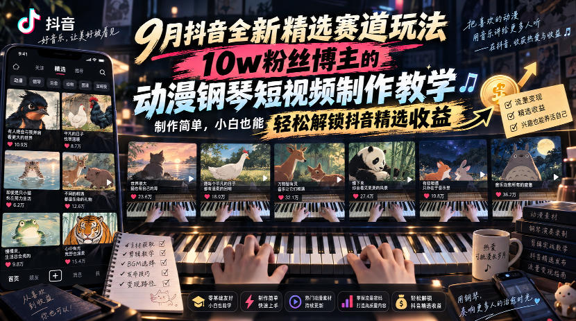 9月抖音全新精选赛道玩法，10w粉丝博主的动漫钢琴短视频制作教学，制作简单，小白也能轻松解锁抖音精选收益瀚萌资源网-网赚网-网赚项目网-虚拟资源网-国学资源网-易学资源网-本站有全网最新网赚项目-易学课程资源-中医课程资源的在线下载网站！瀚萌资源网