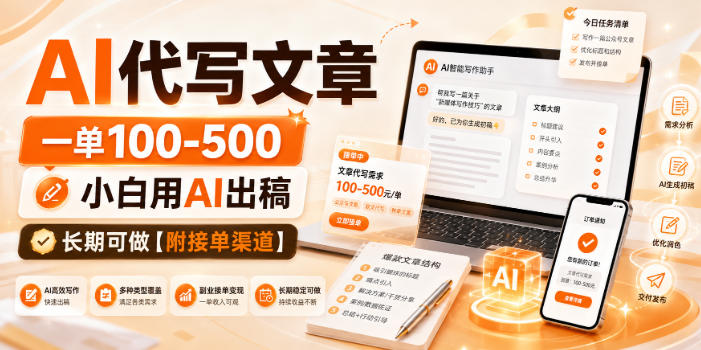 AI代写文章，一单100-500，小白用AI出稿，长期可做【附接单渠道】【揭秘】瀚萌资源网-网赚网-网赚项目网-虚拟资源网-国学资源网-易学资源网-本站有全网最新网赚项目-易学课程资源-中医课程资源的在线下载网站！瀚萌资源网
