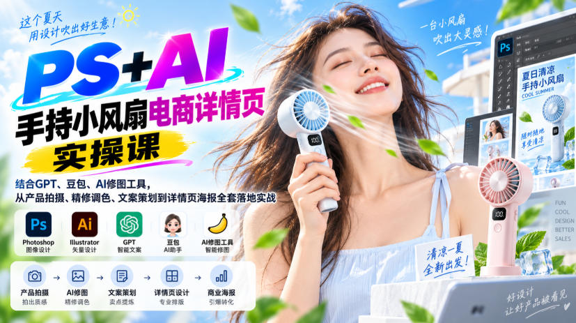 PS+AI手持小风扇电商详情页实操课｜结合GPT、豆包、AI修图工具，从产品拍摄、精修调色、文案策划到详情页海报全套落地实战瀚萌资源网-网赚网-网赚项目网-虚拟资源网-国学资源网-易学资源网-本站有全网最新网赚项目-易学课程资源-中医课程资源的在线下载网站！瀚萌资源网