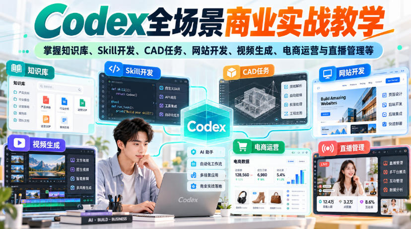 【无水印】Codex全场景商业实战教学，掌握知识库、Skill开发、CAD任务、网站开发、视频生成、电商运营与直播管理等瀚萌资源网-网赚网-网赚项目网-虚拟资源网-国学资源网-易学资源网-本站有全网最新网赚项目-易学课程资源-中医课程资源的在线下载网站！瀚萌资源网
