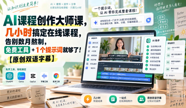 AI课程创作大师课，几小时搞定在线课程，告别数月熬制，免费工具+1个提示词就够了！【原创双语字幕】瀚萌资源网-网赚网-网赚项目网-虚拟资源网-国学资源网-易学资源网-本站有全网最新网赚项目-易学课程资源-中医课程资源的在线下载网站！瀚萌资源网