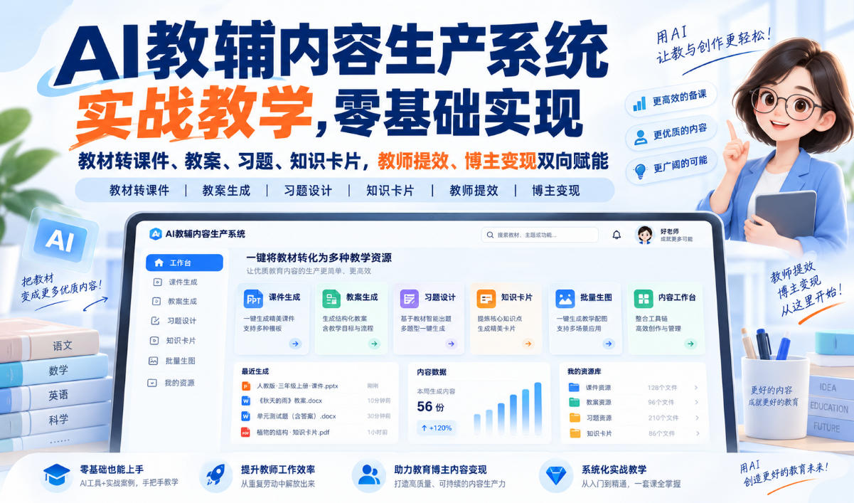 AI教辅内容生产系统实战教学，零基础实现教材转课件、教案、习题、知识卡片，教师提效、博主变现双向赋能瀚萌资源网-网赚网-网赚项目网-虚拟资源网-国学资源网-易学资源网-本站有全网最新网赚项目-易学课程资源-中医课程资源的在线下载网站！瀚萌资源网