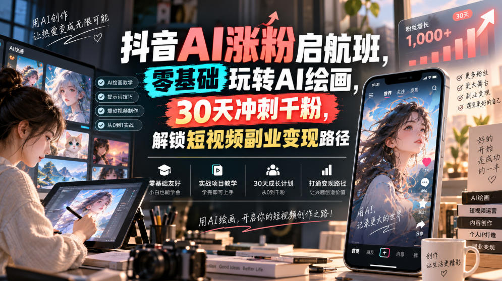 抖音AI涨粉启航班，零基础玩转AI绘画，30天冲刺千粉，解锁短视频副业变现路径瀚萌资源网-网赚网-网赚项目网-虚拟资源网-国学资源网-易学资源网-本站有全网最新网赚项目-易学课程资源-中医课程资源的在线下载网站！瀚萌资源网