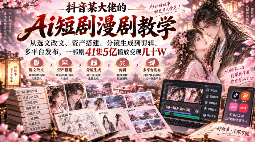 抖音某大佬的Ai短剧漫剧教学，从选文改文、资产搭建、分镜生成到剪辑、多平台发布，一部剧41集5亿播放变现几十W瀚萌资源网-网赚网-网赚项目网-虚拟资源网-国学资源网-易学资源网-本站有全网最新网赚项目-易学课程资源-中医课程资源的在线下载网站！瀚萌资源网