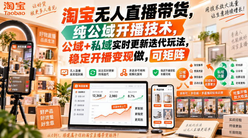 淘宝无人直播带货，纯公域开播技术，公域+私域实时更新迭代玩法，稳定开播变现做，可矩阵【揭秘】瀚萌资源网-网赚网-网赚项目网-虚拟资源网-国学资源网-易学资源网-本站有全网最新网赚项目-易学课程资源-中医课程资源的在线下载网站！瀚萌资源网