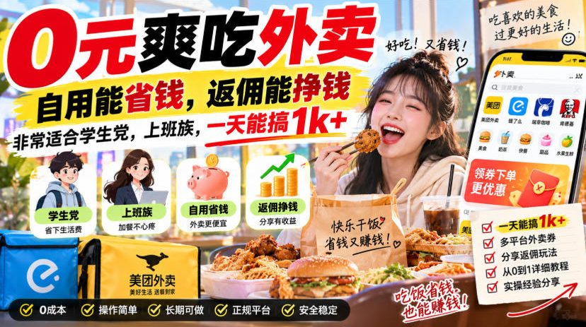 0元爽吃外卖，自用能省钱，返佣能挣钱，非常适合学生党，上班族，一天能搞1k+瀚萌资源网-网赚网-网赚项目网-虚拟资源网-国学资源网-易学资源网-本站有全网最新网赚项目-易学课程资源-中医课程资源的在线下载网站！瀚萌资源网