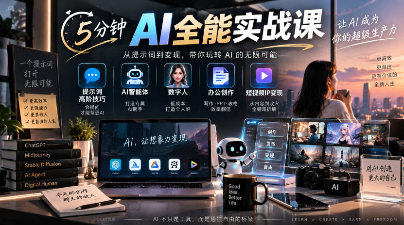 5分钟AI全能实战课｜提示词高阶技巧+AI智能体+数字人+办公创作+短视频IP变现全教程瀚萌资源网-网赚网-网赚项目网-虚拟资源网-国学资源网-易学资源网-本站有全网最新网赚项目-易学课程资源-中医课程资源的在线下载网站！瀚萌资源网