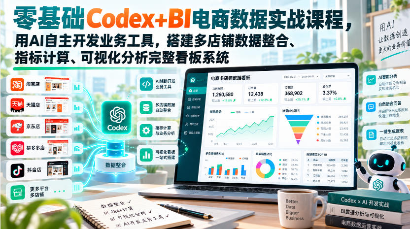 零基础Codex+BI电商数据实战课程，用AI自主开发业务工具，搭建多店铺数据整合、指标计算、可视化分析完整看板系统瀚萌资源网-网赚网-网赚项目网-虚拟资源网-国学资源网-易学资源网-本站有全网最新网赚项目-易学课程资源-中医课程资源的在线下载网站！瀚萌资源网