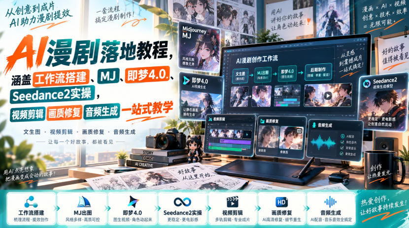 AI漫剧落地教程，涵盖工作流搭建、MJ、即梦4.0、Seedance2实操，视频剪辑画质修复音频生成一站式教学瀚萌资源网-网赚网-网赚项目网-虚拟资源网-国学资源网-易学资源网-本站有全网最新网赚项目-易学课程资源-中医课程资源的在线下载网站！瀚萌资源网