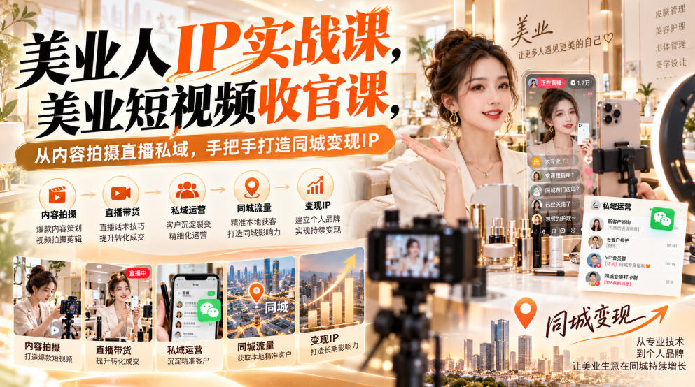 【无水印】美业人IP实战课，美业短视频收官课，从内容拍摄直播私域，手把手打造同城变现IP瀚萌资源网-网赚网-网赚项目网-虚拟资源网-国学资源网-易学资源网-本站有全网最新网赚项目-易学课程资源-中医课程资源的在线下载网站！瀚萌资源网