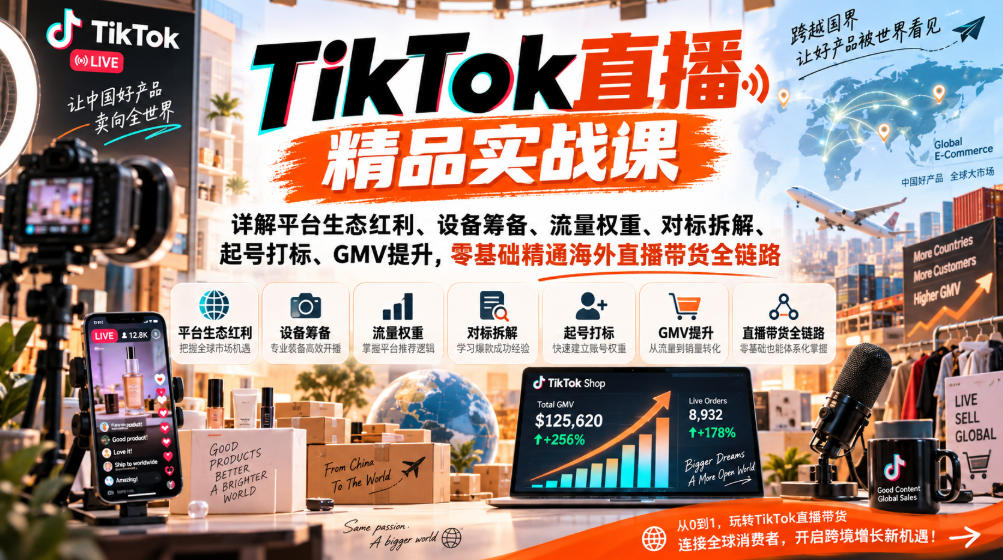 TikTok直播精品实战课，详解平台生态红利、设备筹备、流量权重、对标拆解、起号打标、GMV提升，零基础精通海外直播带货全链路瀚萌资源网-网赚网-网赚项目网-虚拟资源网-国学资源网-易学资源网-本站有全网最新网赚项目-易学课程资源-中医课程资源的在线下载网站！瀚萌资源网