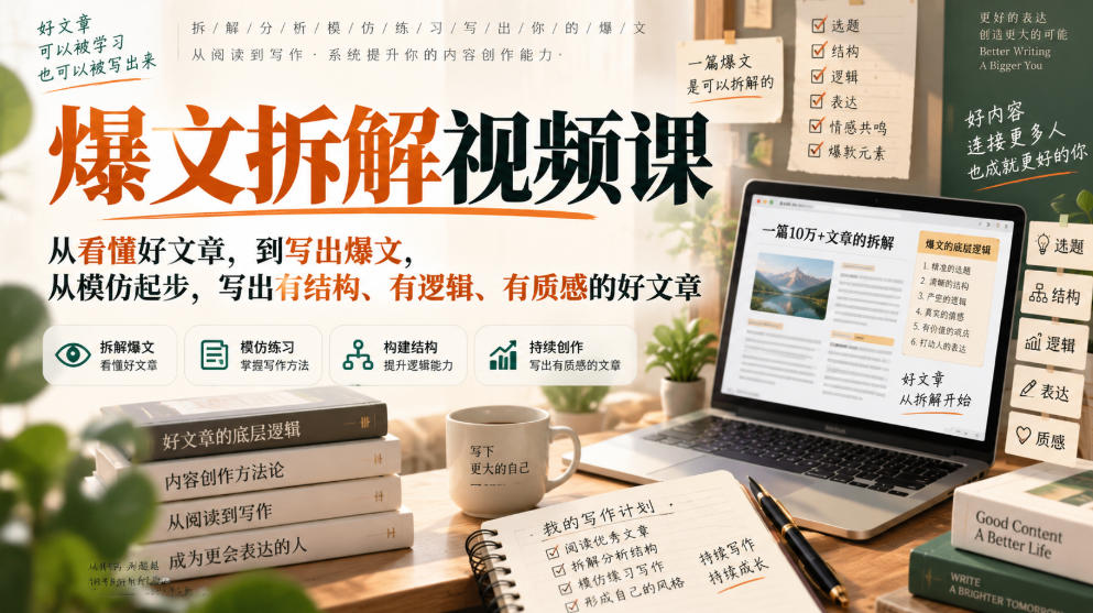 爆文拆解视频课，从看懂好文章，到写出爆文，从模仿起步，写出有结构、有逻辑、有质感的好文章瀚萌资源网-网赚网-网赚项目网-虚拟资源网-国学资源网-易学资源网-本站有全网最新网赚项目-易学课程资源-中医课程资源的在线下载网站！瀚萌资源网