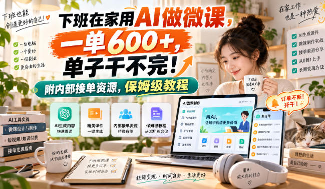 下班在家用AI做微课，一单600+，单子干不完！附内部接单资源，保姆级教程【揭秘】瀚萌资源网-网赚网-网赚项目网-虚拟资源网-国学资源网-易学资源网-本站有全网最新网赚项目-易学课程资源-中医课程资源的在线下载网站！瀚萌资源网