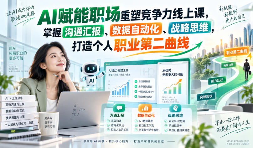 AI赋能职场重塑竞争力线上课，掌握沟通汇报、数据自动化、战略思维，打造个人职业第二曲线瀚萌资源网-网赚网-网赚项目网-虚拟资源网-国学资源网-易学资源网-本站有全网最新网赚项目-易学课程资源-中医课程资源的在线下载网站！瀚萌资源网