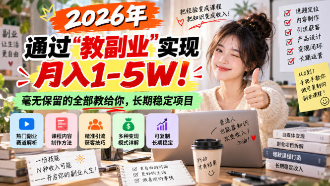 “教副业”实现月入1-5W！长期稳定，毫无保留的全部教给你！瀚萌资源网-网赚网-网赚项目网-虚拟资源网-国学资源网-易学资源网-本站有全网最新网赚项目-易学课程资源-中医课程资源的在线下载网站！瀚萌资源网