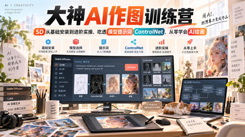 大神AI作图训练营，SD从基础安装到进阶实操，吃透模型提示词ControlNet，从零学会AI绘画瀚萌资源网-网赚网-网赚项目网-虚拟资源网-国学资源网-易学资源网-本站有全网最新网赚项目-易学课程资源-中医课程资源的在线下载网站！瀚萌资源网