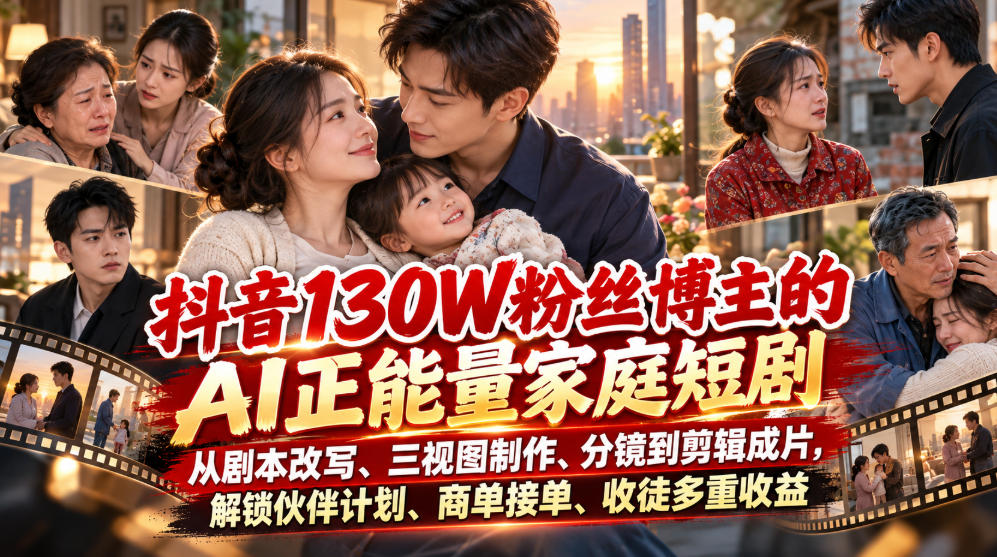 抖音130W粉丝博主的AI正能量家庭短剧，从剧本改写、三视图制作、分镜到剪辑成片，解锁伙伴计划、商单接单、收徒多重收益瀚萌资源网-网赚网-网赚项目网-虚拟资源网-国学资源网-易学资源网-本站有全网最新网赚项目-易学课程资源-中医课程资源的在线下载网站！瀚萌资源网