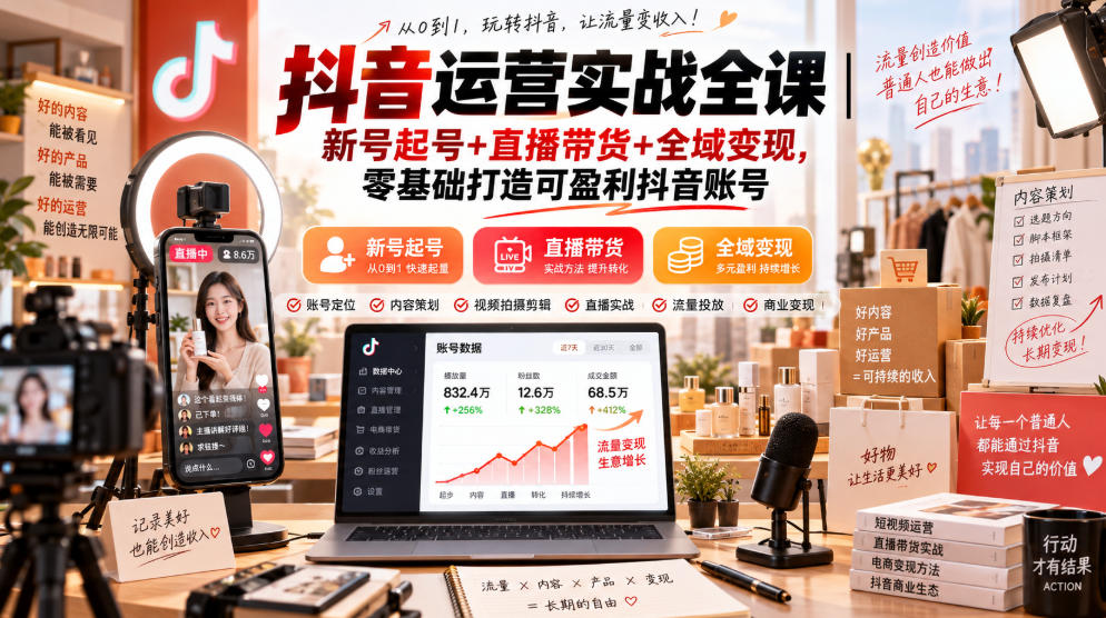 抖音运营实战全课｜新号起号+直播带货+全域变现，零基础打造可盈利抖音账号瀚萌资源网-网赚网-网赚项目网-虚拟资源网-国学资源网-易学资源网-本站有全网最新网赚项目-易学课程资源-中医课程资源的在线下载网站！瀚萌资源网