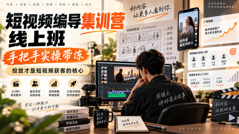 短视频编导集训营线上班，手把手实操带冻，投放才是短视频获客的核心瀚萌资源网-网赚网-网赚项目网-虚拟资源网-国学资源网-易学资源网-本站有全网最新网赚项目-易学课程资源-中医课程资源的在线下载网站！瀚萌资源网