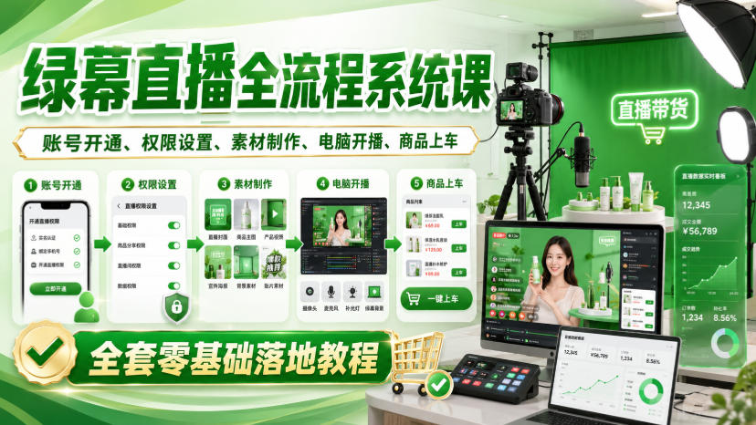 绿幕直播全流程系统课，账号开通、权限设置、素材制作、电脑开播、商品上车全套零基础落地教程瀚萌资源网-网赚网-网赚项目网-虚拟资源网-国学资源网-易学资源网-本站有全网最新网赚项目-易学课程资源-中医课程资源的在线下载网站！瀚萌资源网
