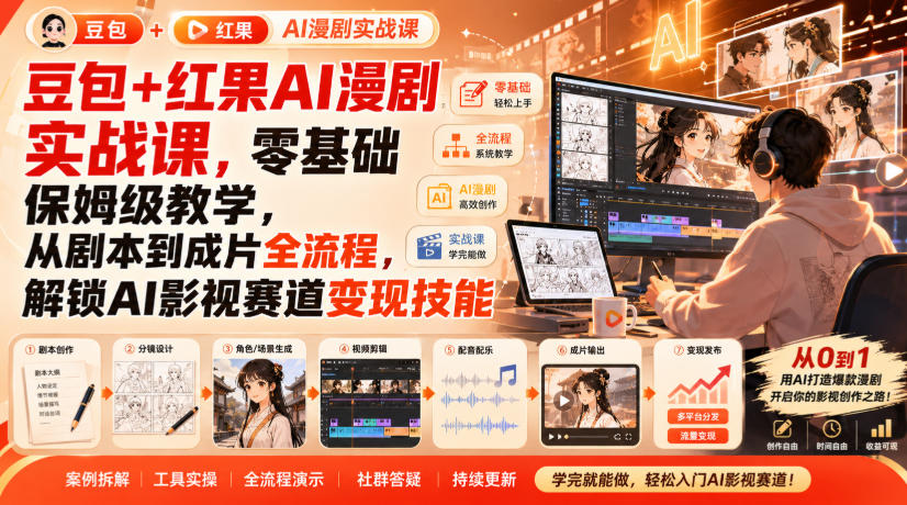 豆包+红果AI漫剧实战课，零基础保姆级教学，从剧本到成片全流程，解锁AI影视赛道变现技能瀚萌资源网-网赚网-网赚项目网-虚拟资源网-国学资源网-易学资源网-本站有全网最新网赚项目-易学课程资源-中医课程资源的在线下载网站！瀚萌资源网