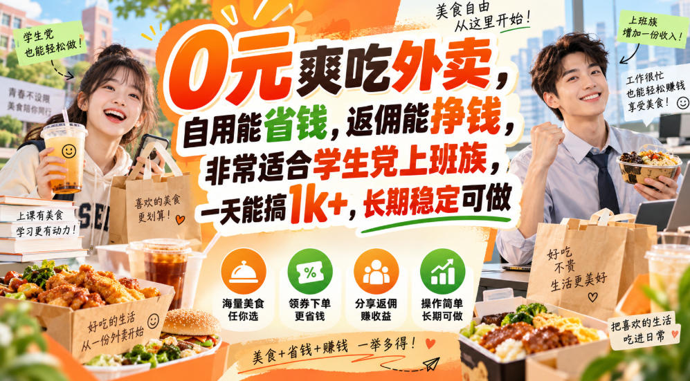 0元爽吃外卖，自用能省钱，返佣能挣钱，非常适合学生党上班族，一天能搞1k+，长期稳定可做瀚萌资源网-网赚网-网赚项目网-虚拟资源网-国学资源网-易学资源网-本站有全网最新网赚项目-易学课程资源-中医课程资源的在线下载网站！瀚萌资源网