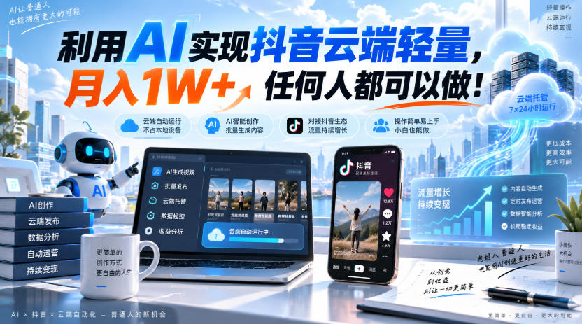 利用AI实现抖音云端轻量，月入1W+，任何人都可以做！【揭秘】瀚萌资源网-网赚网-网赚项目网-虚拟资源网-国学资源网-易学资源网-本站有全网最新网赚项目-易学课程资源-中医课程资源的在线下载网站！瀚萌资源网