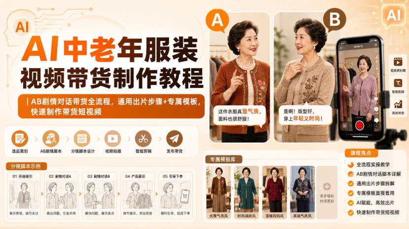 AI中老年服装视频带货制作教程｜AB剧情对话带货全流程，通用出片步骤+专属模板，快速制作带货短视频瀚萌资源网-网赚网-网赚项目网-虚拟资源网-国学资源网-易学资源网-本站有全网最新网赚项目-易学课程资源-中医课程资源的在线下载网站！瀚萌资源网